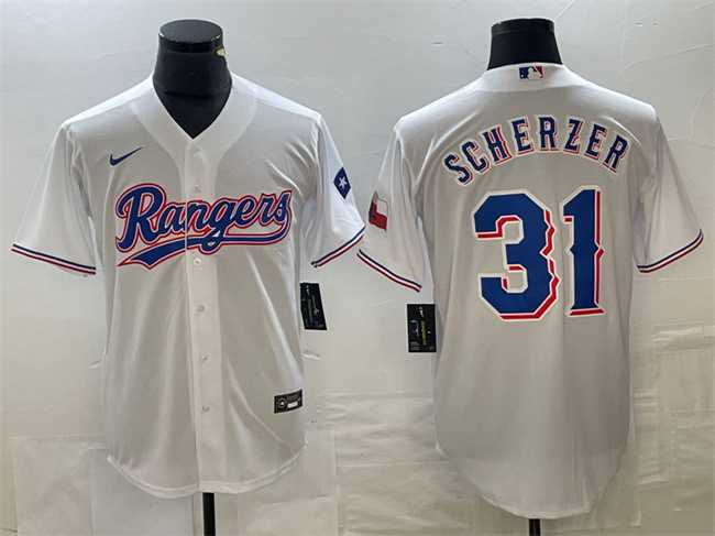 Men%27s Texas Rangers #31 Max Scherzer White With Patch Cool Base Stitched Baseball Jersey